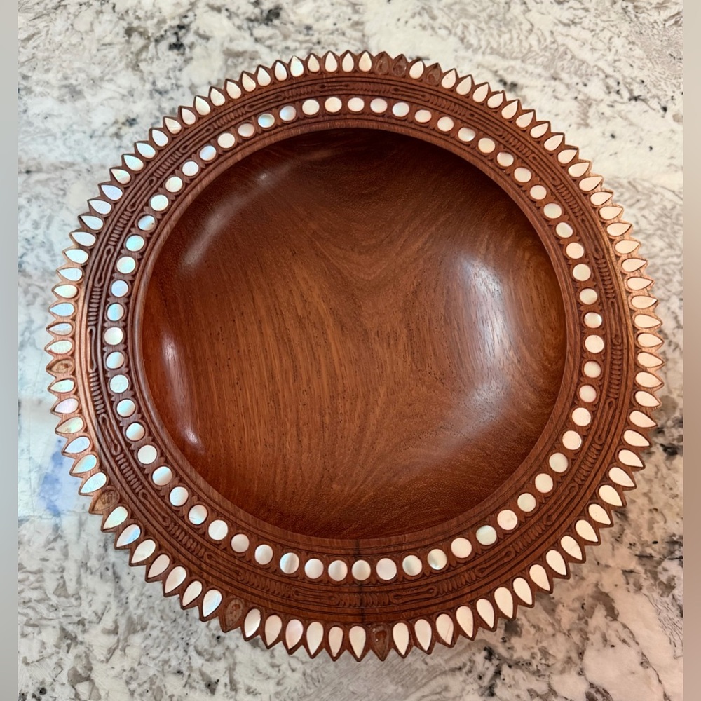 Vintage Hand-Carved Trobriand Islands Wood Bowl -Mother of Pearl Inlay